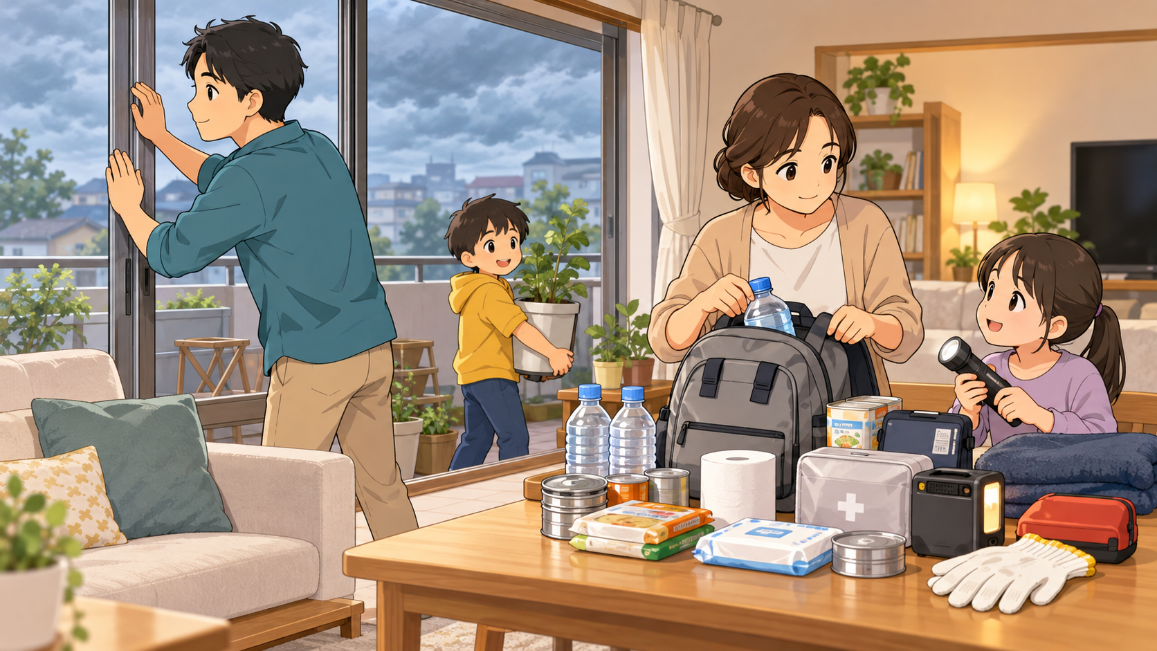 家族が風雨の強まる前に窓、屋外の小物、備蓄、防災情報を確認する様子