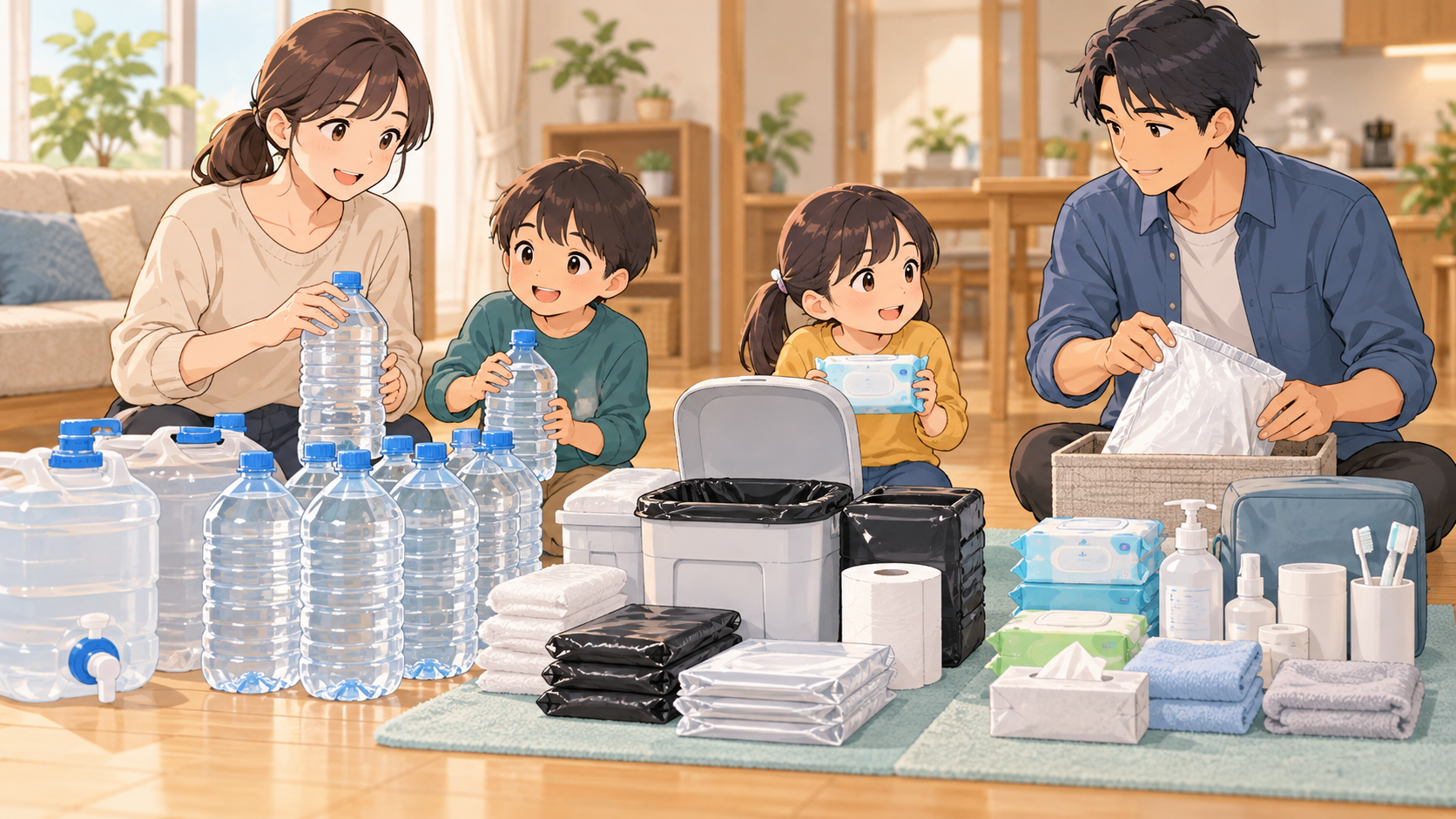 家族が飲料水、携帯トイレ、衛生用品を分けて断水への備えを整える様子