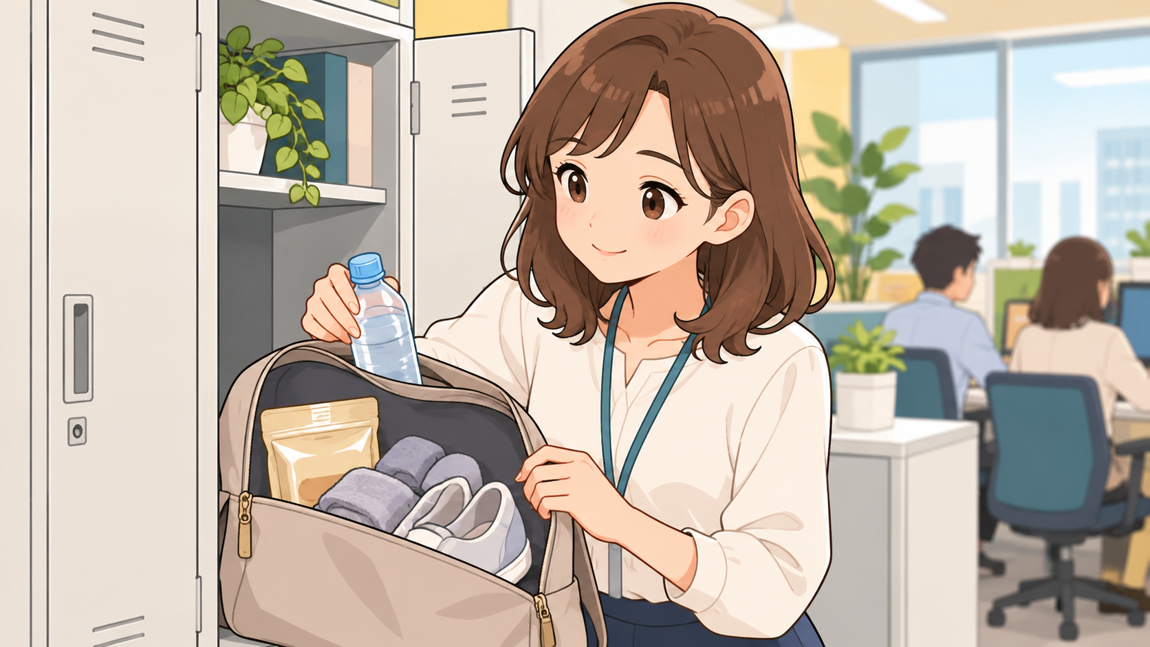 職場で自分の防災用品を点検する様子